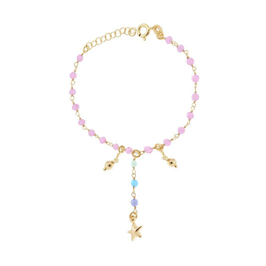 Bracciale Catena con Crystal Rosa e Stella Bombata Palline pendenti in ARGENTO 925 Galvanica Oro
