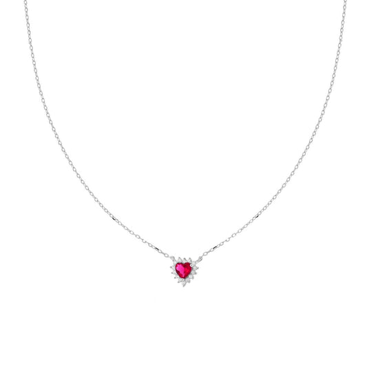 Collana Catena Forzatina Diamantata con Cuore Rosso Rubino contornato da Cubic Zirconia Bianchi in ARGENTO 925 Galvanica Rodio