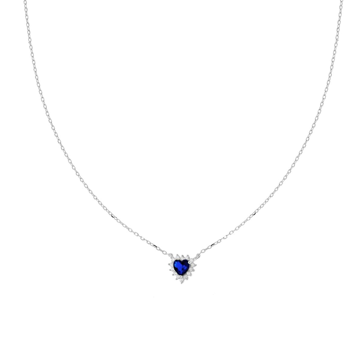 Collana Catena Forzatina Diamantata con Cuore Blu Zaffiro contornato da Cubic Zirconia Bianchi in ARGENTO 925 Galvanica Rodio