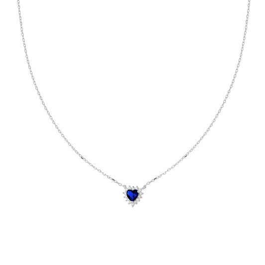 Collana Catena Forzatina Diamantata con Cuore Blu Zaffiro contornato da Cubic Zirconia Bianchi in ARGENTO 925 Galvanica Rodio