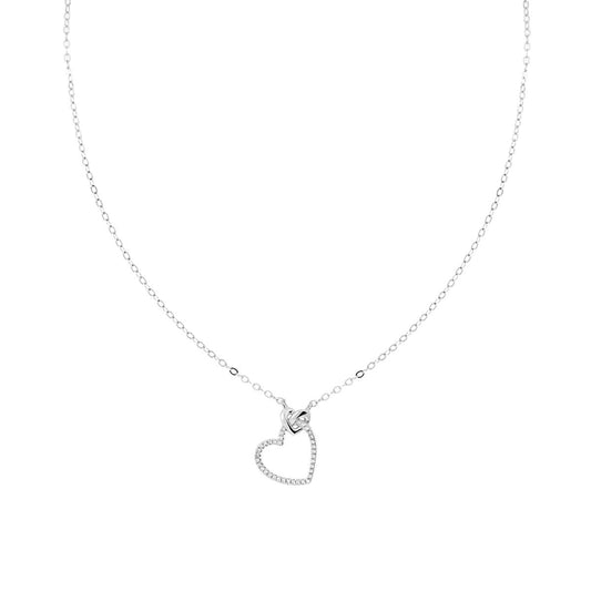 Collana Catena Forzatina Diamantata con Cuore e Cubic Zirconia Bianchi in ARGENTO 925 Galvanica Rodio
