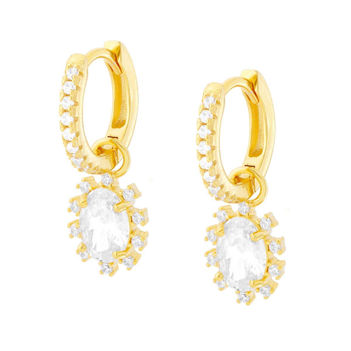 Orecchini Cerchio a Scattino con Ovale Bianco pendente contornato con Cubic Zirconia Bianchi in ARGENTO 925 Galvanica Oro