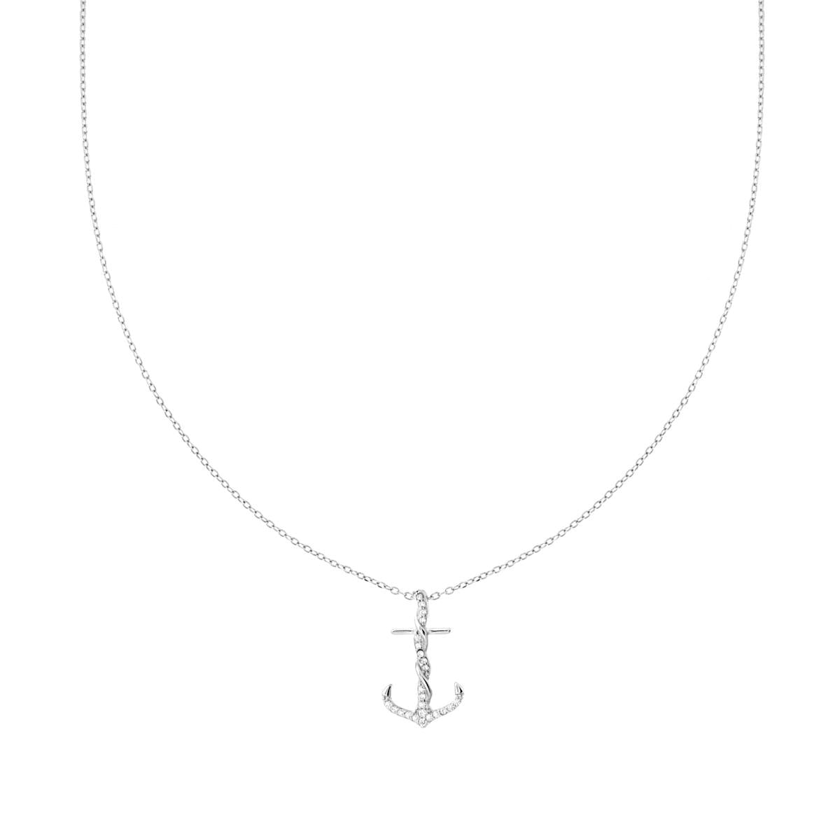 Collana Catena Forzatina Diamantata con Ancora e Cubic Zirconia Bianchi in ARGENTO 925 Galvanica Rodio