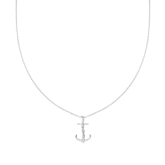 Collana Catena Forzatina Diamantata con Ancora e Cubic Zirconia Bianchi in ARGENTO 925 Galvanica Rodio