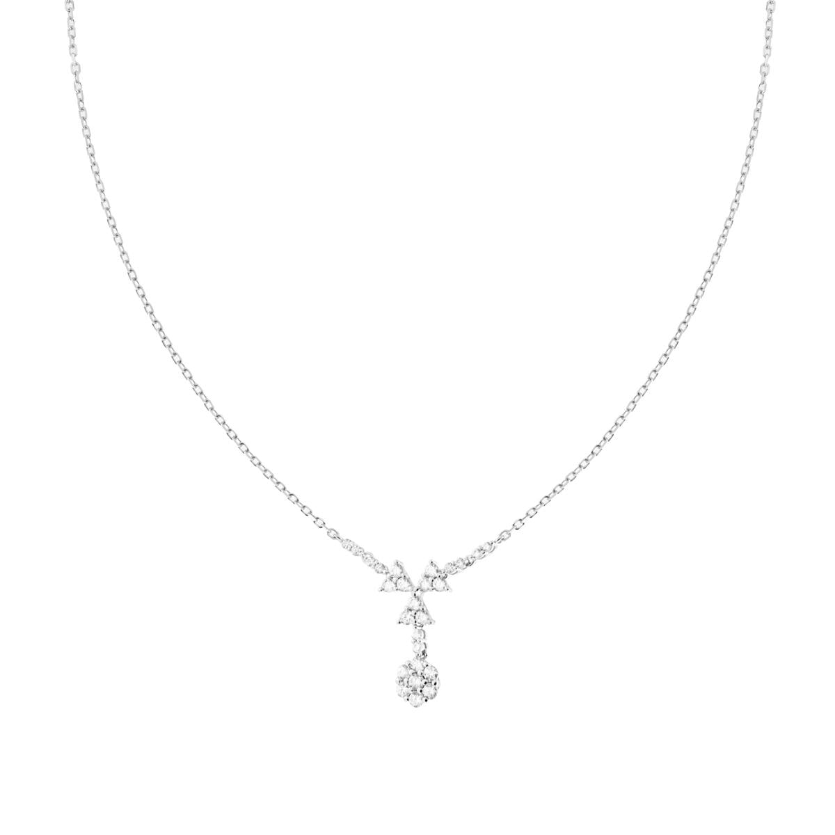 Collana Catena Forzatina Diamantata con Triangoli e Fiore pendenti con Cubic Zirconia Bianchi in ARGENTO 925 Galvanica Rodio
