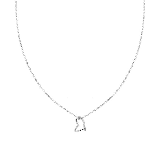 Collana Catena Forzatina Diamantata con Cuore e Cubic Zirconia Bianchi in ARGENTO 925 Galvanica Rodio