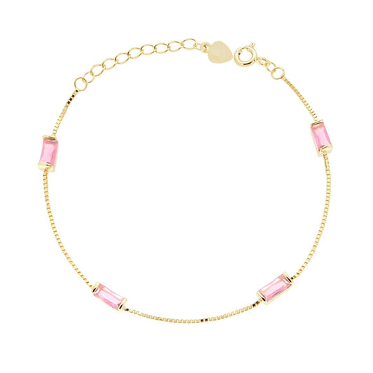 Bracciale Catena Veneziana Diamantata con Baguette Cubic Zirconia Rosa in ARGENTO 925 Galvanica Oro