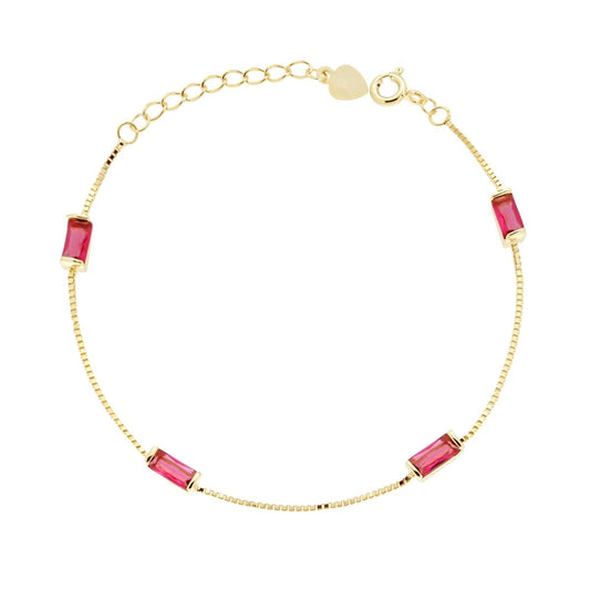 Bracciale Catena Veneziana Diamantata con Baguette Cubic Zirconia Rosso Rubino in ARGENTO 925 Galvanica Oro