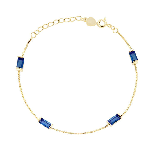Bracciale Catena Veneziana Diamantata con Baguette Cubic Zirconia Blu Zaffiro in ARGENTO 925 Galvanica Oro