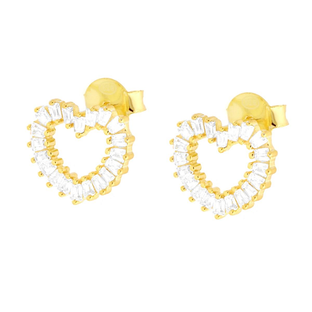 Orecchini Cuore con Baguette Cubic Zirconia Bianchi in ARGENTO 925 Galvanica Oro