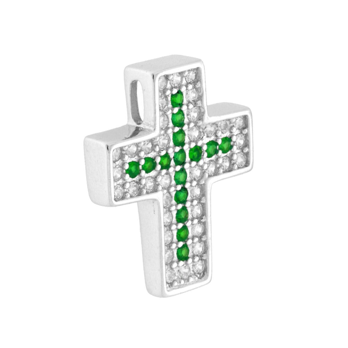 Ciondolo a forma di croce con passante per catena, cubic zirconia colore Verde Smeraldo e bianco incastonati.