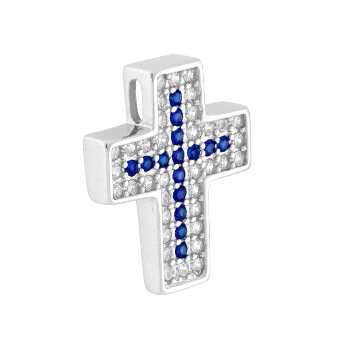 Ciondolo a forma di croce con passante per catena, cubic zirconia colore Blu Zaffiro e bianco incastonati.