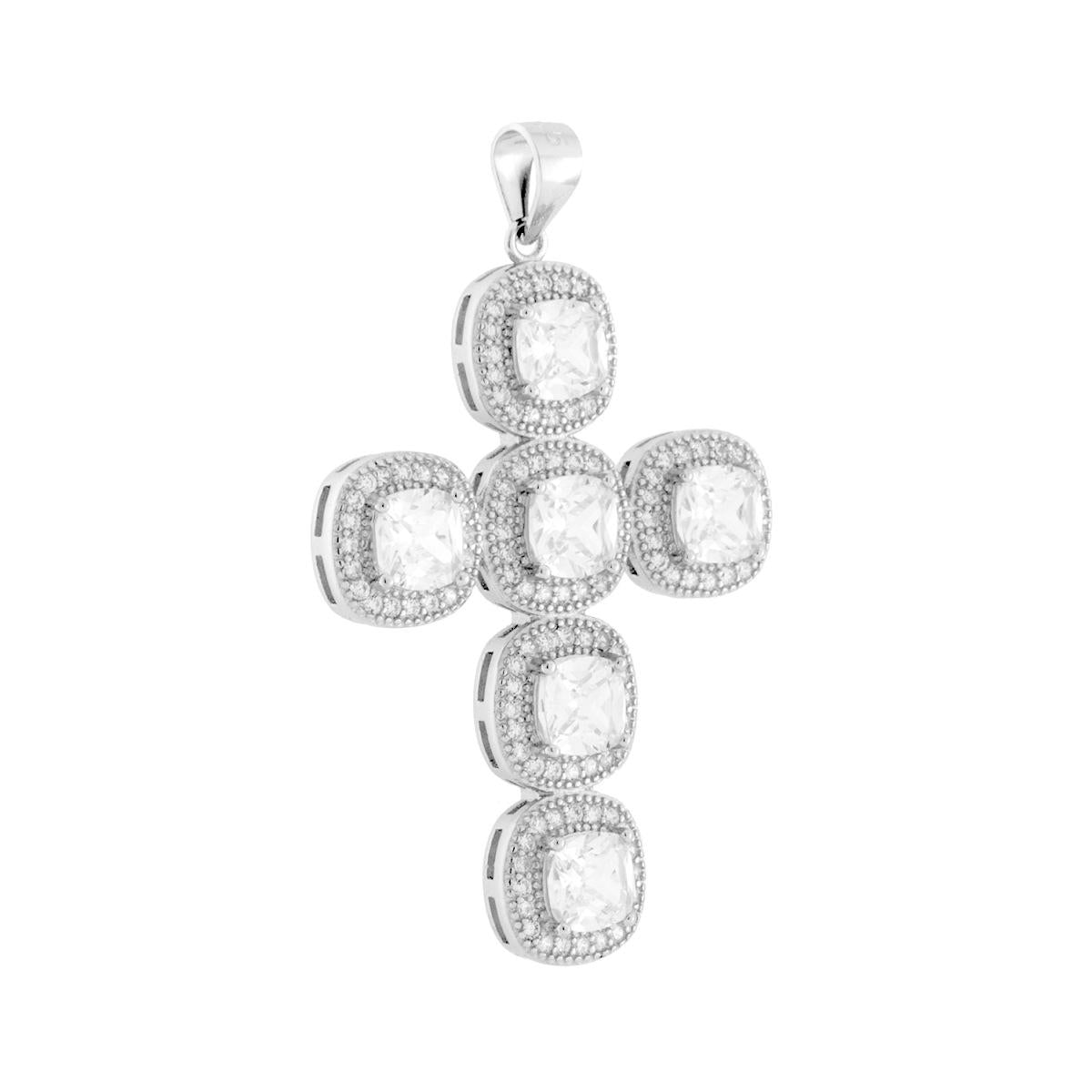 Ciondolo a forma di croce con cubic zirconia colore bianco di forma quadrata montati su 4 Griffe e incastonati intorno.<BR>