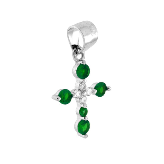 Ciondolo a forma di croce con cubic zirconia colore Verde Smeraldo e bianco montati su 2 Griffe.