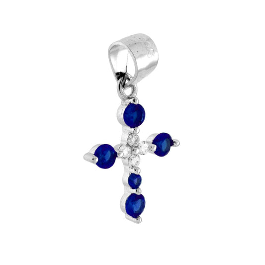 Ciondolo a forma di croce con cubic zirconia colore Blu Zaffiro e bianco montati su 2 Griffe.