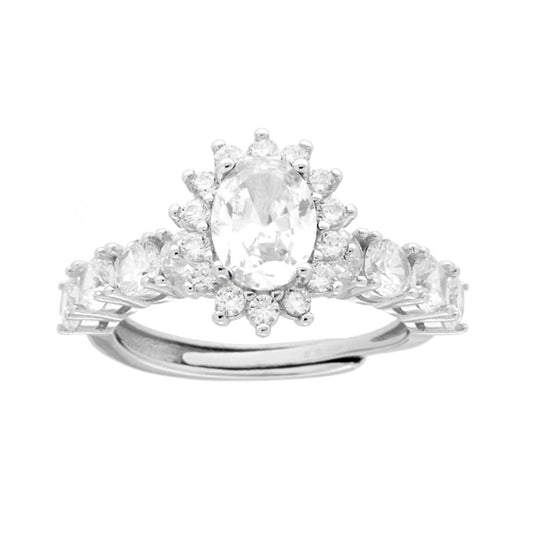 Anello Halo Veretta Ovale Bianco contornato con Cubic Zirconia Bianchi in ARGENTO 925 Galvanica Rodio