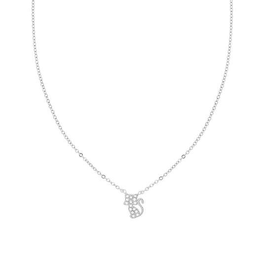 Collana Catena Forzatina Diamantata con Gatto e Crystal Bianchi in ACCIAIO