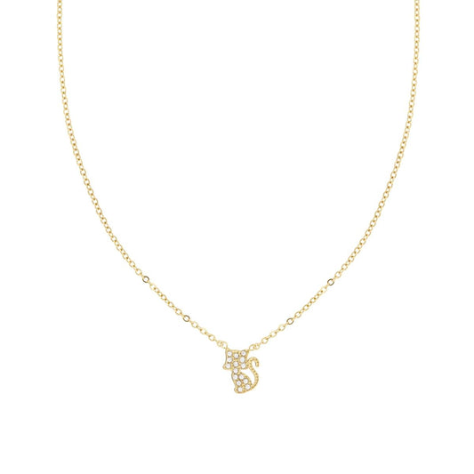 Collana Catena Forzatina Diamantata con Gatto e Crystal Bianchi in ACCIAIO colore Oro