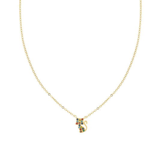 Collana Catena Forzatina Diamantata con Gatto e Crystal Multicolor in ACCIAIO colore Oro