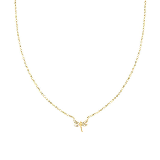 Collana Catena Forzatina Diamantata con Libellula e Crystal Bianchi in ACCIAIO colore Oro