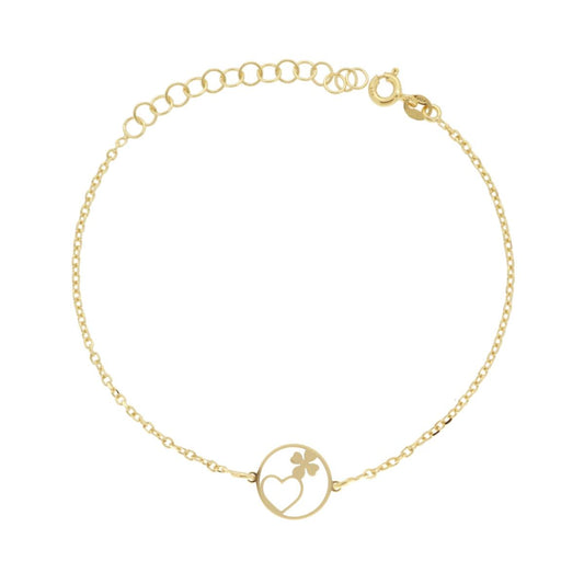 Bracciale Catena Forzatina Diamantata con Tondo con Cuore e Quadrifoglio in ARGENTO 925 Galvanica Oro