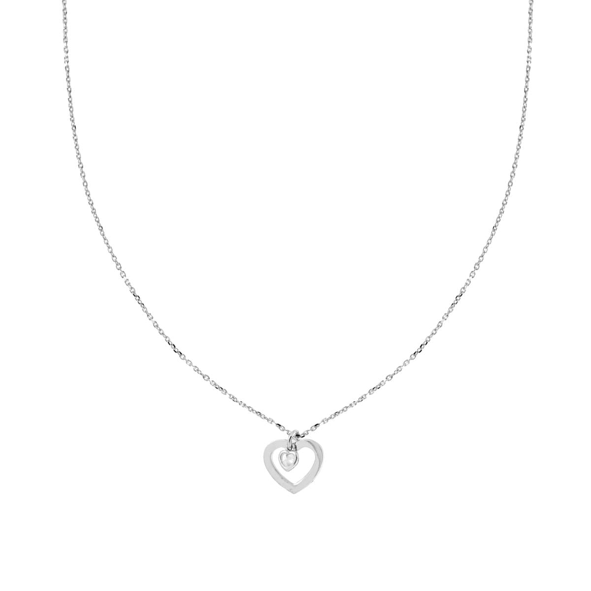 Collana Catena Forzatina Diamantata con Cuori plain e cubic Zirconia Bianco pendenti in ARGENTO 925 Galvanica Rodio