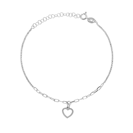 Bracciale Catena Forzatina e Rolo Diamantata con Cuore pendente in ARGENTO 925 Galvanica Rodio