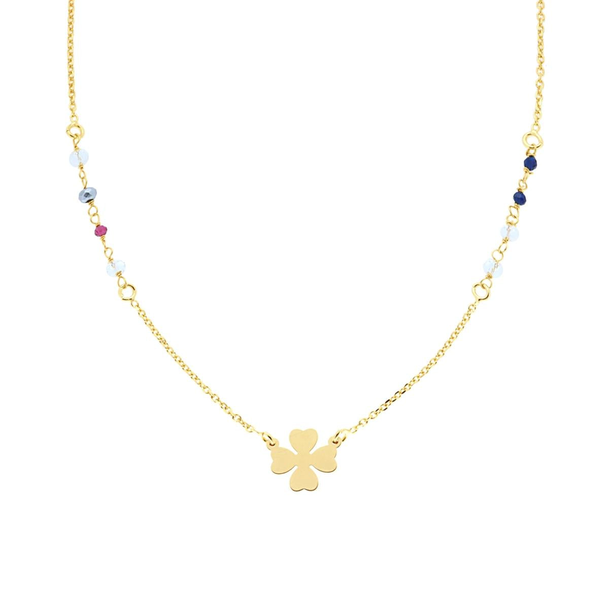Collana Catena Forzatina Diamantata Crystal Multicolor e Quadrifoglio Plain in ARGENTO 925 Galvanica Oro