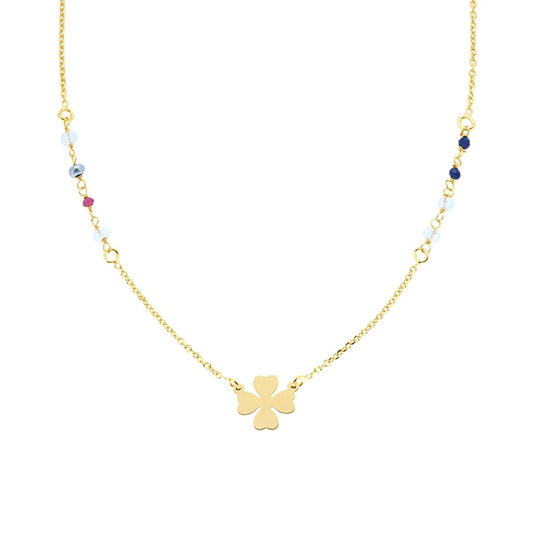 Collana Catena Forzatina Diamantata Crystal Multicolor e Quadrifoglio Plain in ARGENTO 925 Galvanica Oro