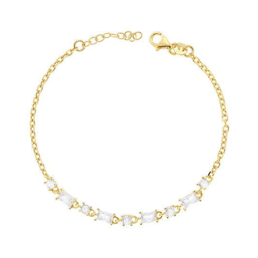 Bracciale Catena Forzatina Diamantata con Cubic Zirconia Baguette Bianchi in ARGENTO 925 Galvanica Oro