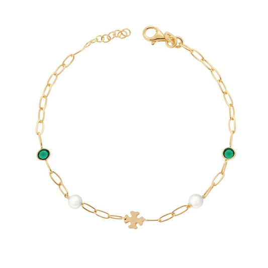 Bracciale Catena Forzatina Diamantata con Tondi Verde Cubic Zirconia Verde Smeraldo Quadrifogli plain e Perle in ARGENTO 925 Galvanica Oro