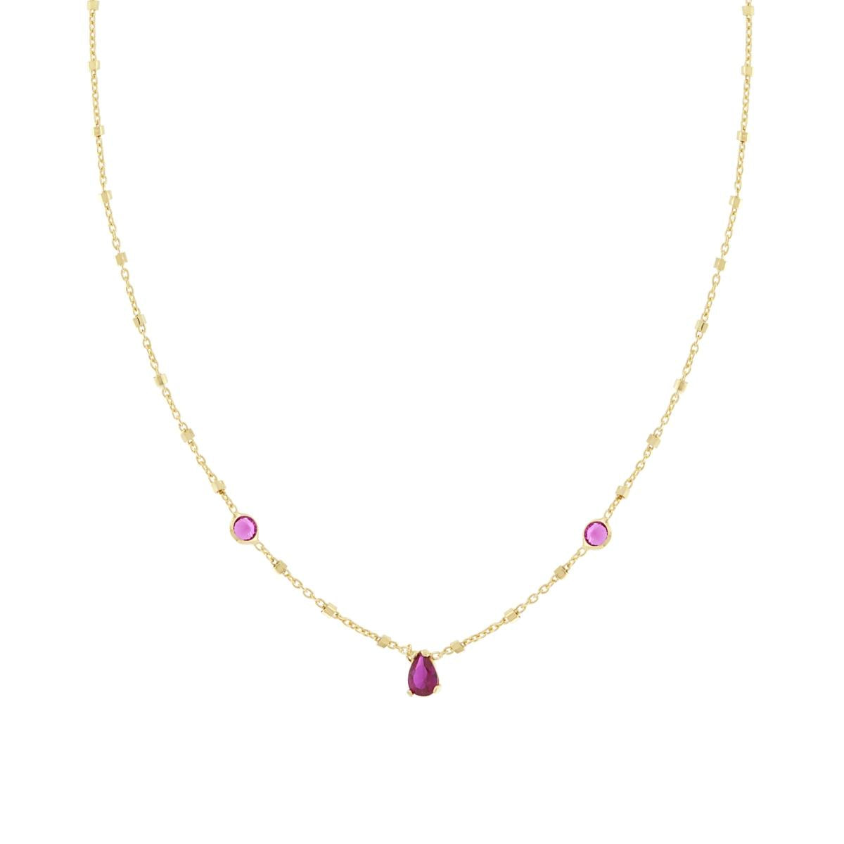 Collana Catena Forzatina e Cubetti Diamantati con Cubic Zirconia Tondi e Goccia Rosso Rubino in ARGENTO 925 Galvanica Oro