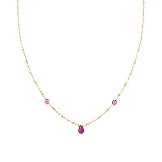 Collana Catena Forzatina e Cubetti Diamantati con Cubic Zirconia Tondi e Goccia Rosso Rubino in ARGENTO 925 Galvanica Oro