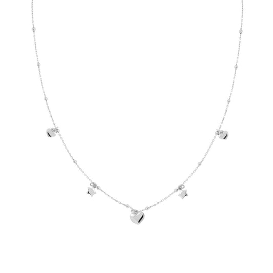 Collana Catena Forzatina Diamantata con Cuori e Stelle bombati pendenti in ARGENTO 925 Galvanica Rodio