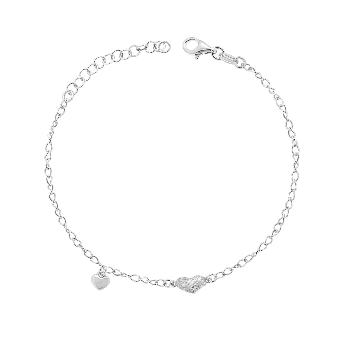 Bracciale Catena Forzatina con Cuore Martellato e Cuore bombato pendente in ARGENTO 925 Galvanica Rodio