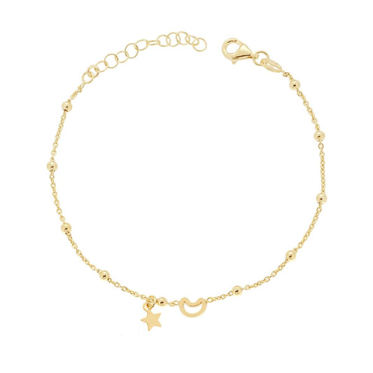 Bracciale Catena Forzatina con Palline lisce con Luna traforata e Stella plain pendente in ARGENTO 925 Galvanica Oro