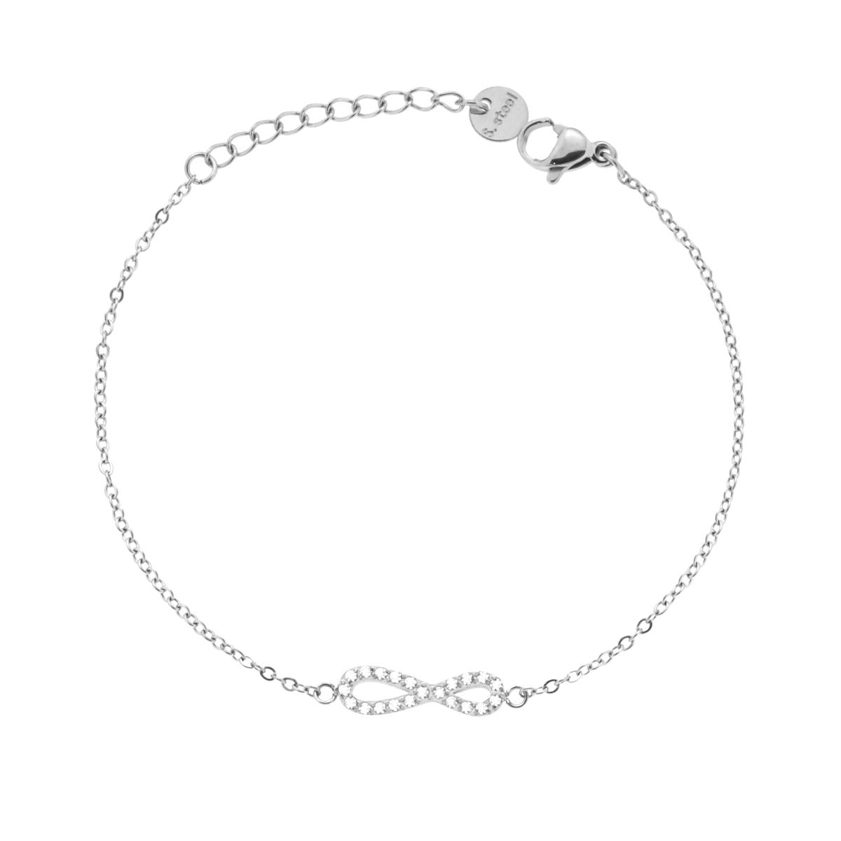 Bracciale Catena Forzatina Diamantata con Infinito e Crystal Bianchi in ACCIAIO