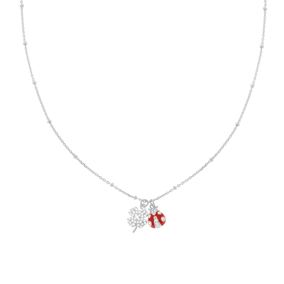 Collana Catena Forzatina Diamantata con Coccinella smalto Rosso e Quadrifoglio con Cubic Zirconia Bianchi in ARGENTO 925 Galvanica Rodio