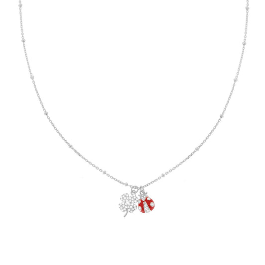 Collana Catena Forzatina Diamantata con Coccinella smalto Rosso e Quadrifoglio con Cubic Zirconia Bianchi in ARGENTO 925 Galvanica Rodio