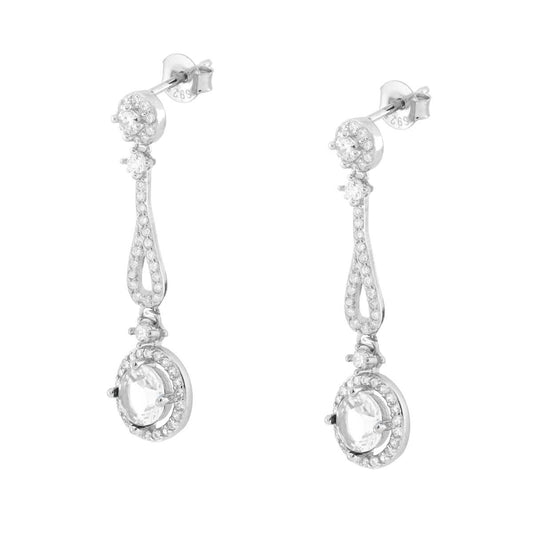 Orecchini Tondo Pendente Bianco contornato da Cubic Zirconia Bianchi in ARGENTO 925 Galvanica Rodio