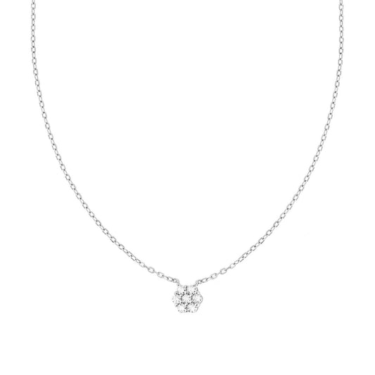 Collana Catena Forzatina Diamantata con Fiore e Cubic Zirconia Bianchi in ARGENTO 925 Galvanica Rodio