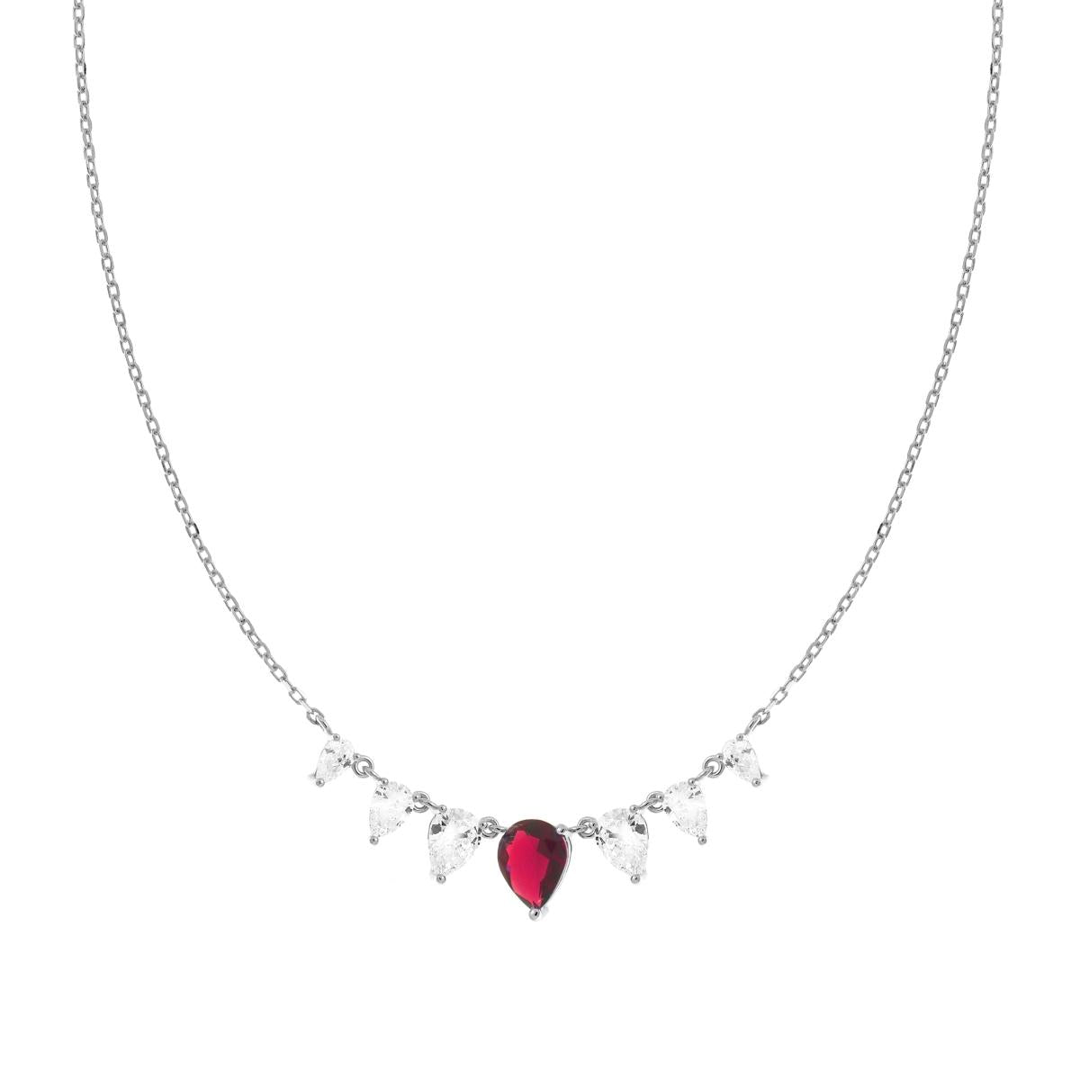 Collana Catena Forzatina Diamantata con Gocce Cubic Zirconia Rosso Rubino e Bianchi in ARGENTO 925 Galvanica Rodio