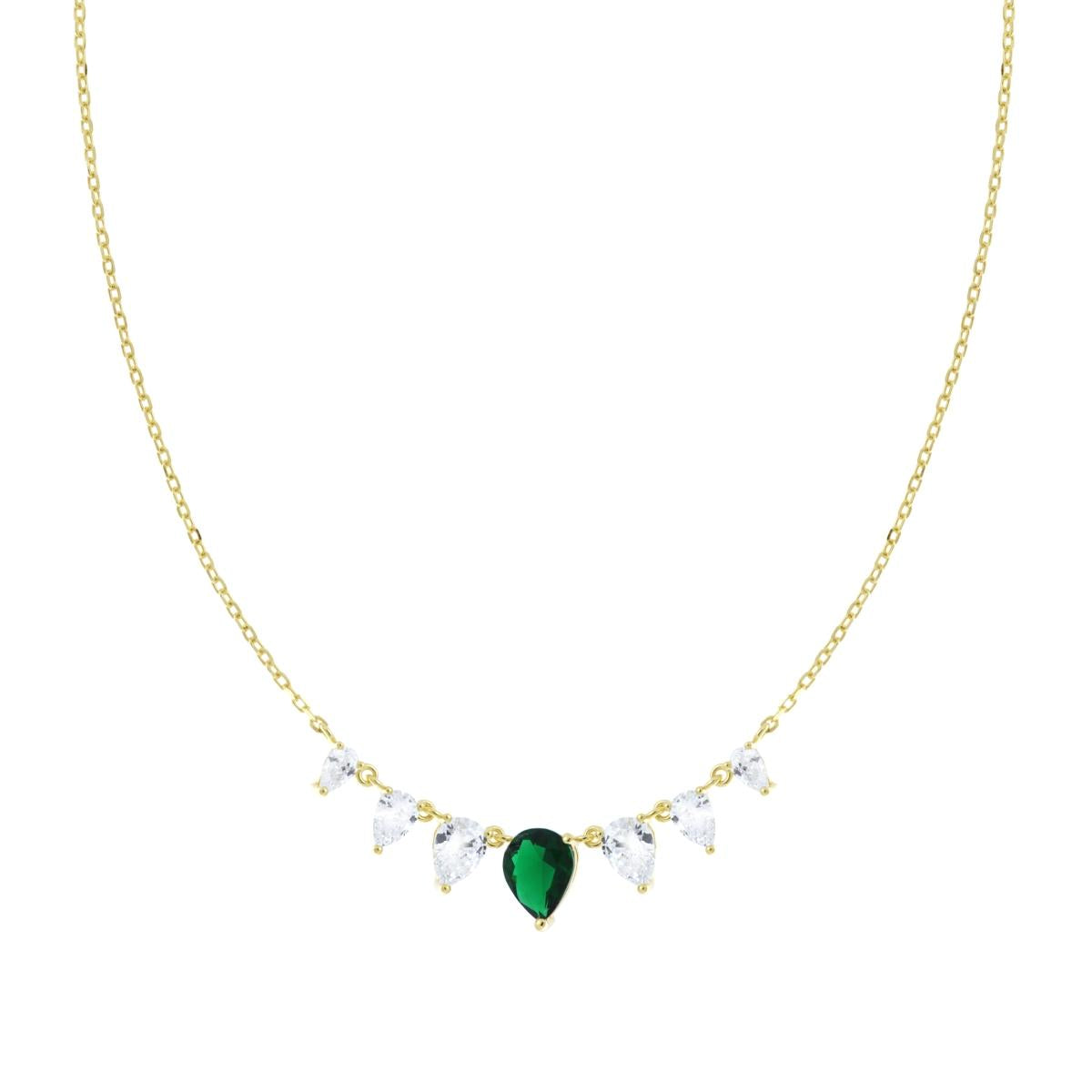 Collana Catena Forzatina Diamantata con Gocce Cubic Zirconia Verde Smeraldo e Bianchi in ARGENTO 925 Galvanica Oro