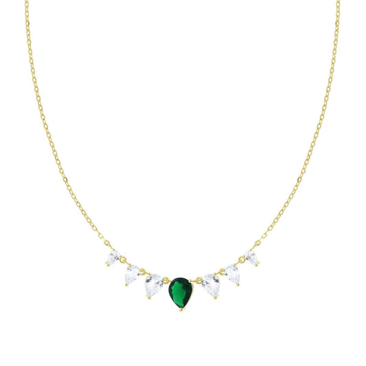Collana Catena Forzatina Diamantata con Gocce Cubic Zirconia Verde Smeraldo e Bianchi in ARGENTO 925 Galvanica Oro