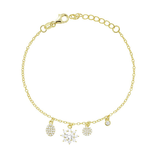 Bracciale Catena Forzatina Diamantata con Fiore e Forme Geometriche pendenti con Cubic Zirconia Bianchi in ARGENTO 925 Galvanica Oro