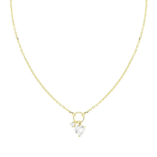 Collana Catena Forzatina Diamantata con Cuore Punto Luce Cubic Zirconia Bianchi pendenti in ARGENTO 925 Galvanica Oro