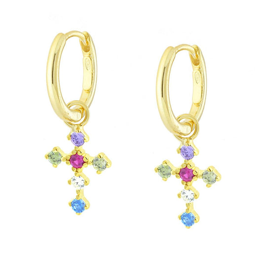 Orecchini Cerchio a Scattino con Croce pendente e Cubic Zirconia Multicolor in ARGENTO 925 Galvanica Oro
