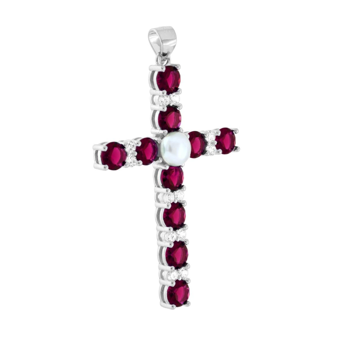 Ciondolo a forma di croce con cubic zirconia colore Rosso Rubino e Bianchi montati su 4 Griffe con perla centrale bianca e in vetro perlato.