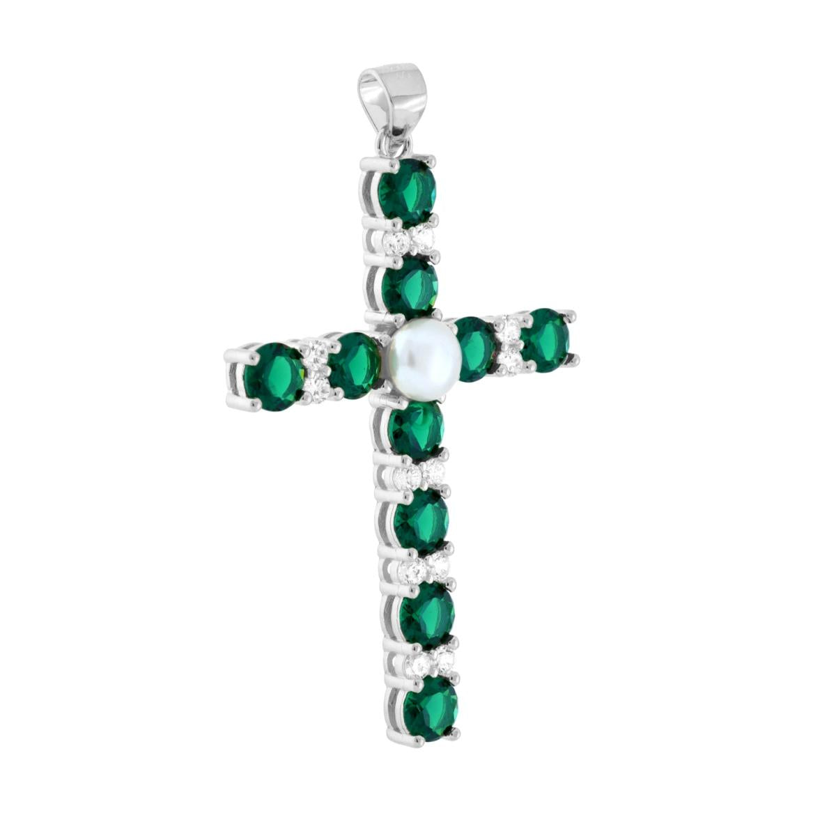 Ciondolo a forma di croce con cubic zirconia colore Verde Smeraldo e Bianchi montati su 4 Griffe con perla centrale bianca e in vetro perlato.