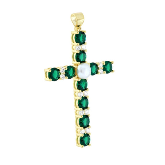 Ciondolo a forma di croce con cubic zirconia colore Verde Smeraldo e Bianchi montati su 4 Griffe con perla centrale bianca e in vetro perlato.